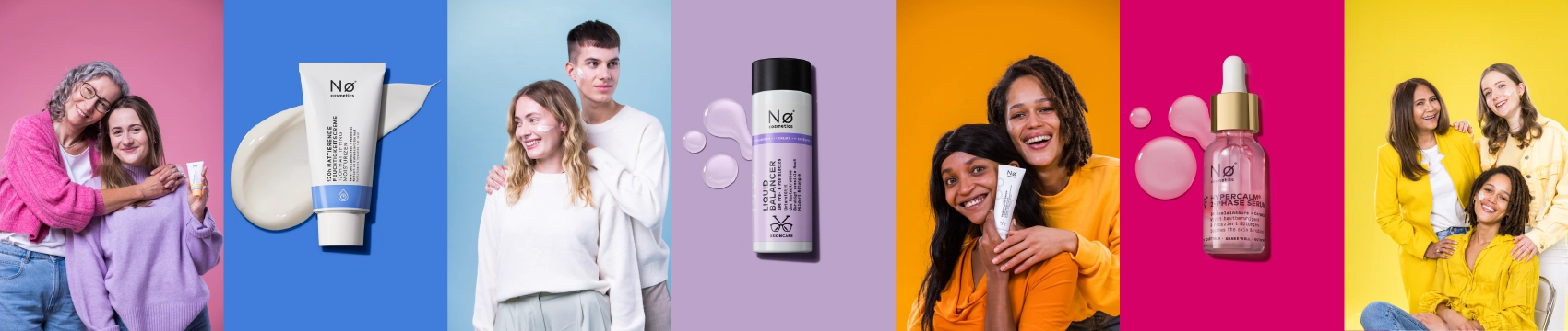Bunte Collage mit verschiedenen Personen und Skincare-Produkten von Nø Cosmetics