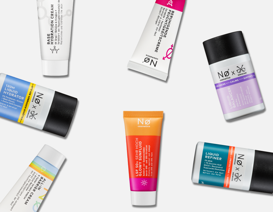 Banner mit den Produkten von Nø Cosmetics in Reisegröße