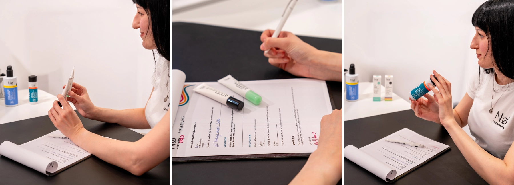 Eine Mitarbeiterin berät eine Kundin zu passenden Hautpflege Cremes.